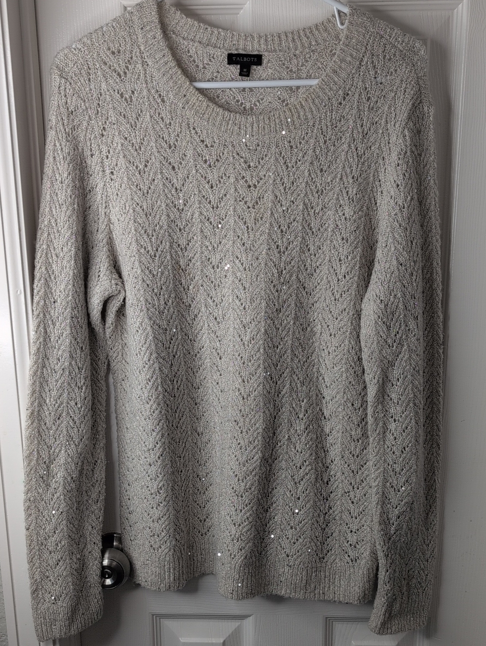 Talbots Light Cream Chevron Sparkle Crewneck Sweater Size M